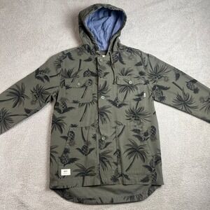 Vans Hooded Jacket Mens Medium Tropical Palm Tree Print Chore Coat Olive
